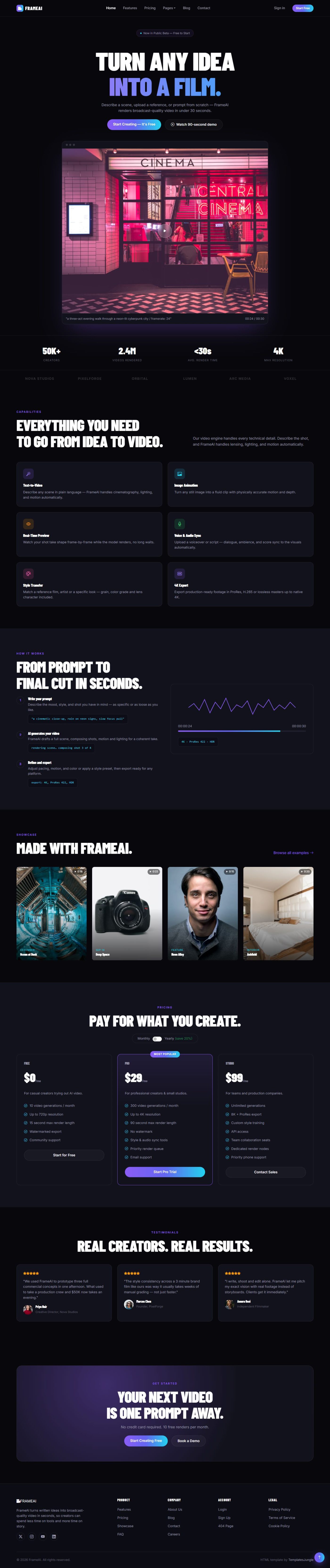 FrameAI — AI Video Generator & SaaS Bootstrap 5 HTML Template